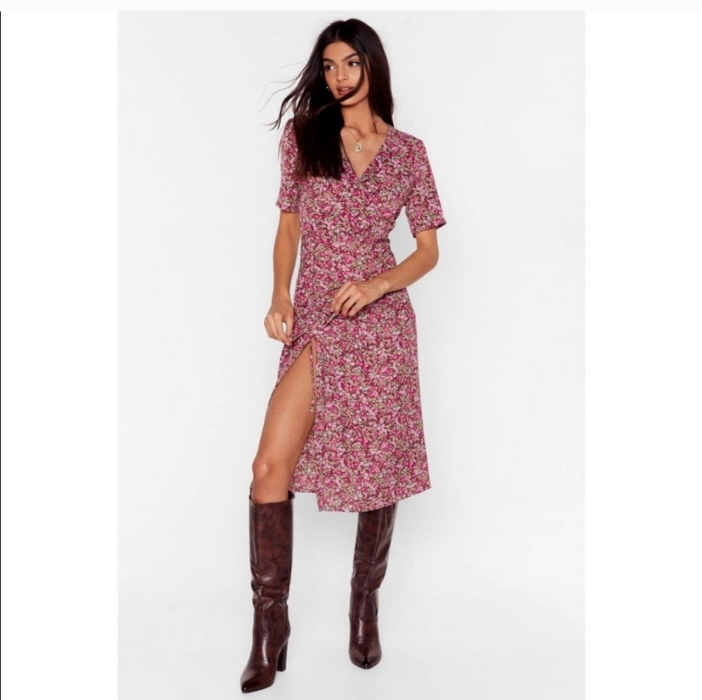 Nasty Gal Floral V-neck side split midi dress
